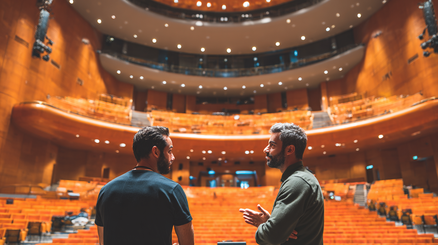 Venue manager talking with an audio engineer in an auditorium
